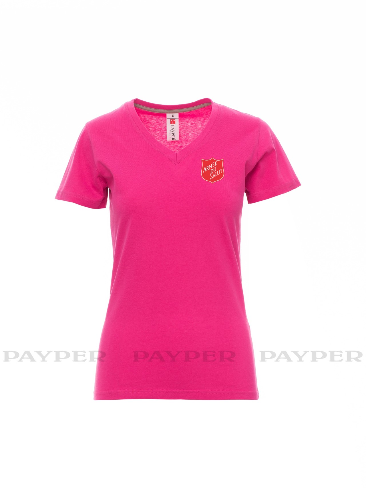 T-shirt femme fushia col V avec logo serigraphié
